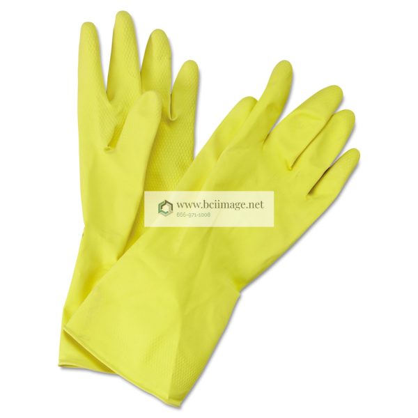 Flock-Lined Latex Cleaning Gloves, Medium, Yellow, 12 Pairs