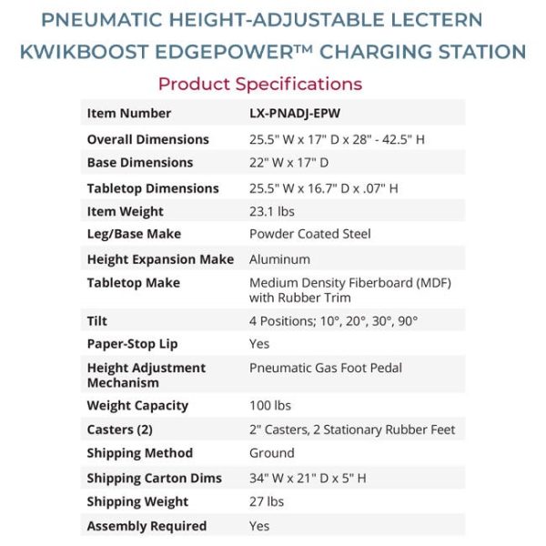 Pneumatic Height Adjustable Desk & Lectern with KwikBoost Charging Station by Luxor, LX-PNADJ-EPW - Image 7
